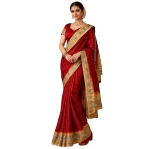 Saree with Top Red and Gold Elephant Applique Embroidered and Sequined‎